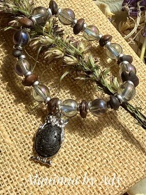 Iridescent Aura Quartz and Brown Wood Bead Bracelet with Silver Owl Charm